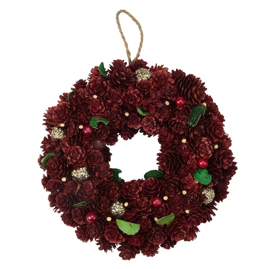 Red and Gold Pine Cone and Ornament Artificial Christmas Wreath 9.5-Inch Unlit, One Size, Red